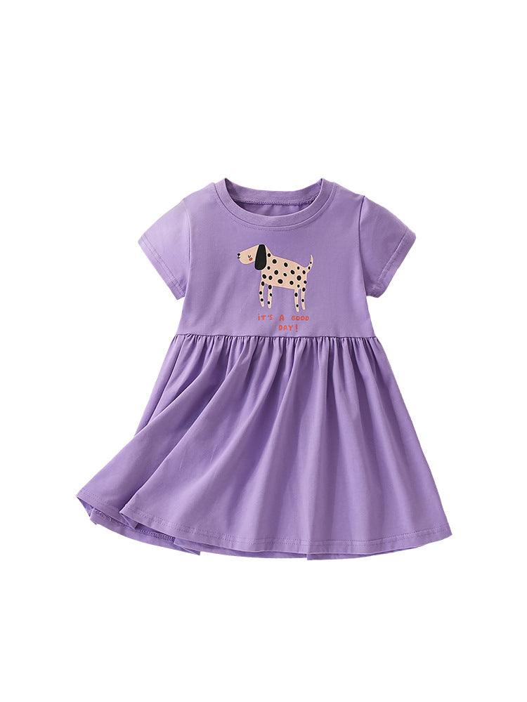 Summer Arrival Animals Cartoon Pattern Short Sleeves Dress for Stylish Girls